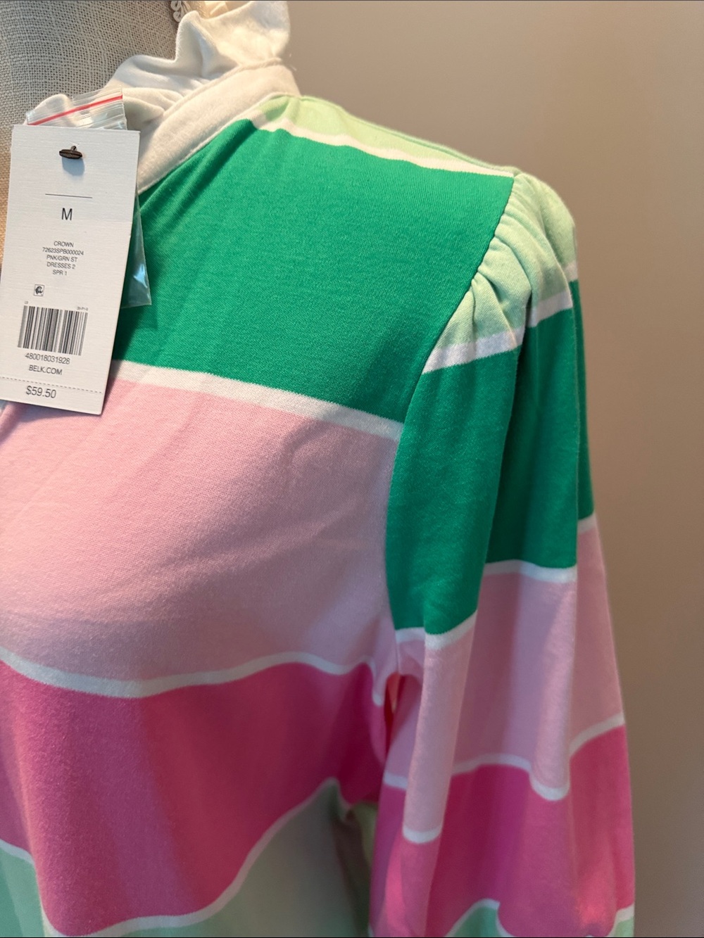 Crown & Ivy Striped Puff-Sleeve Dress in Pink & Green Size Med - Picture 3 of 12
